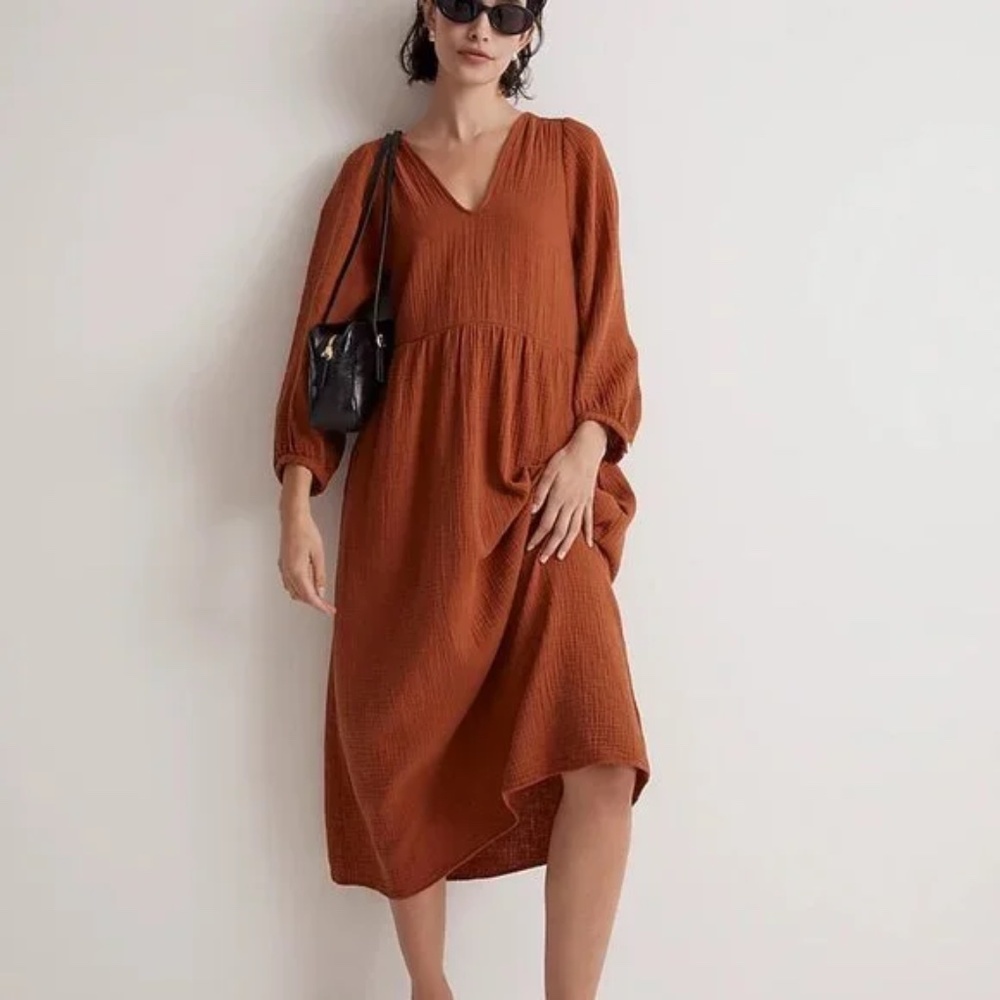 MADEWELL - Lightspun Cotton Gauze V-Neck Midi Dress - Burnt Clay - Medium - BNWT